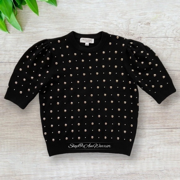 Michael Kors Collection black Italian cashmere studded puff short sleeve sweater - Picture 7 of 14